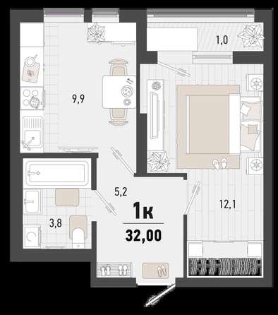 
   Продам 1-комнатную, 32 м², Барса, 4В литер

. Фото 1.