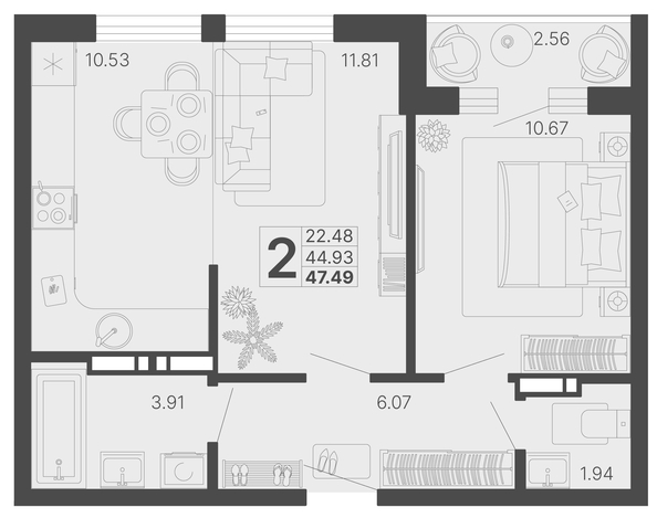 
   Продам 2-комнатную, 46.21 м², Светский лес, литер 4

. Фото 1.