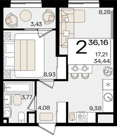 
   Продам 2-комнатную, 36.16 м², Патрики, литер 1.2

. Фото 7.