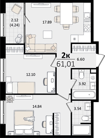 
   Продам 2-комнатную, 61.01 м², Патрики, литер 5.1

. Фото 7.