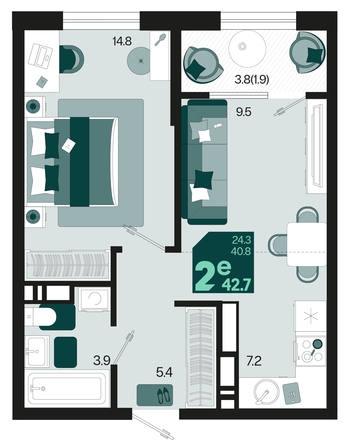 
   Продам 2-комнатную, 42.7 м², Первое место, квартал 1.10, литер 2

. Фото 13.