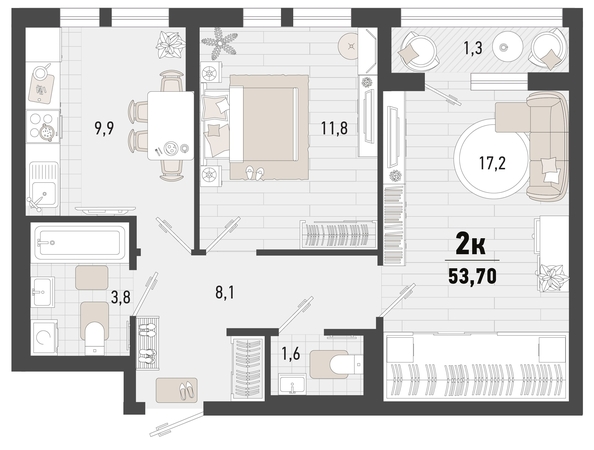 
   Продам 2-комнатную, 53.7 м², Барса, 3В литер

. Фото 2.