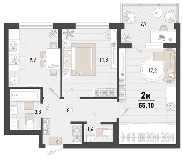 
   Продам 2-комнатную, 55.1 м², Барса, 3В литер

. Фото 13.