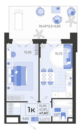 
   Продам 1-комнатную, 47.42 м², Высочество, литера 1

. Фото 4.