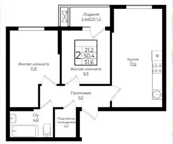 
   Продам 2-комнатную, 51.6 м², Карпатская ул, 1

. Фото 9.