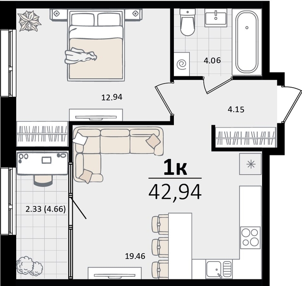 
   Продам 1-комнатную, 42.94 м², Патрики, литер 4.1

. Фото 4.