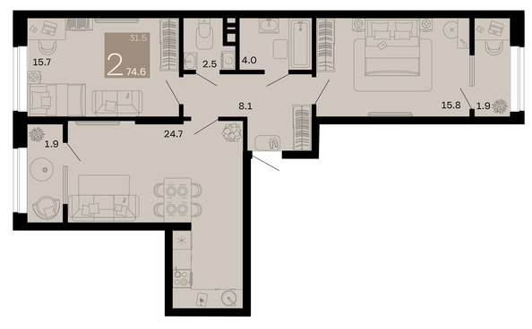 
   Продам 2-комнатную, 74.6 м², Хозяин морей, литер 1

. Фото 1.