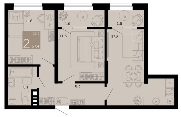 
   Продам 2-комнатную, 57.4 м², Хозяин морей, литер 1

. Фото 1.