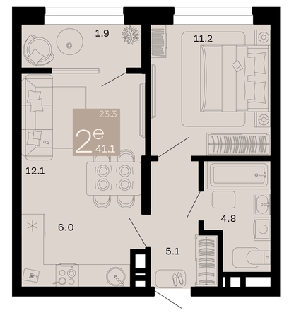 
   Продам 2-комнатную, 41.1 м², Хозяин морей, литер 2

. Фото 12.