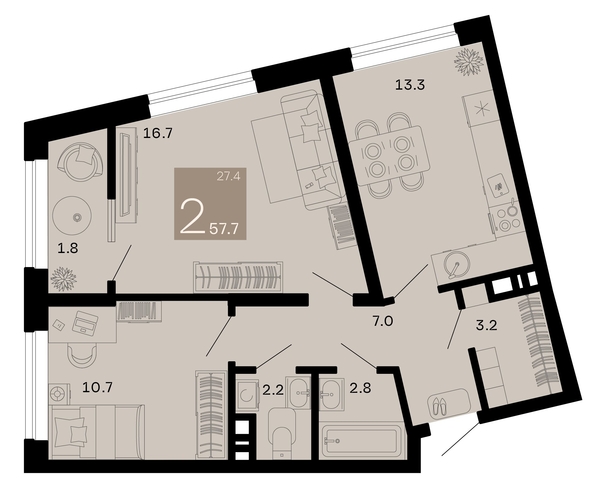 
   Продам 2-комнатную, 57.7 м², Хозяин морей, литер 2

. Фото 1.