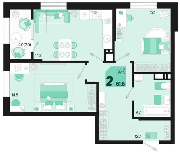 
   Продам 2-комнатную, 61.6 м², Первое место, квартал 1.4, литер 1

. Фото 1.