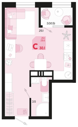 
   Продам 1-комнатную, 30.1 м², Первое место, квартал 1.4, литер 1

. Фото 1.