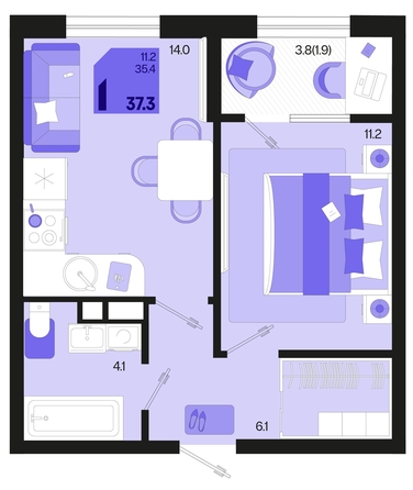 
   Продам 1-комнатную, 37.3 м², Первое место, квартал 1.4, литер 2

. Фото 1.