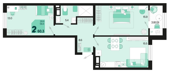 
   Продам 2-комнатную, 60.3 м², Первое место, квартал 1.4, литер 2

. Фото 12.