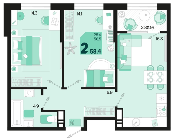 
   Продам 2-комнатную, 58.4 м², Первое место, квартал 1.4, литер 2

. Фото 1.