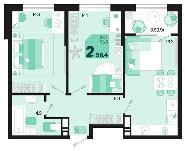 
   Продам 2-комнатную, 58.4 м², Первое место, квартал 1.4, литер 2

. Фото 1.