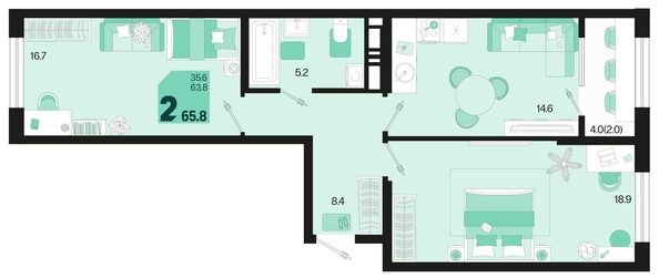 
   Продам 2-комнатную, 65.8 м², Первое место, квартал 1.4, литер 2

. Фото 1.