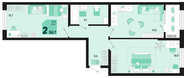 
   Продам 2-комнатную, 66.7 м², Первое место, квартал 1.4, литер 2

. Фото 1.