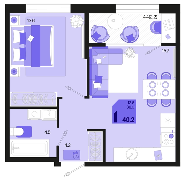 
   Продам 1-комнатную, 40.2 м², Первое место, квартал 1.4, литер 2

. Фото 1.