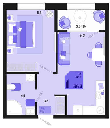 
   Продам 1-комнатную, 36.3 м², Первое место, квартал 1.4, литер 2

. Фото 1.