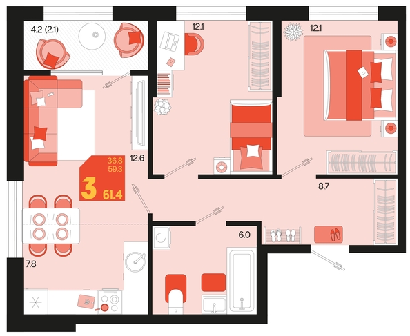 
   Продам 3-комнатную, 61.4 м², Первое место, квартал 1.4, литер 2

. Фото 1.