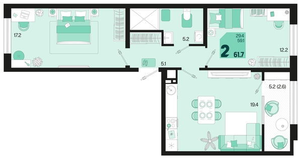 
   Продам 2-комнатную, 61.7 м², Первое место, квартал 1.4, литер 2

. Фото 1.