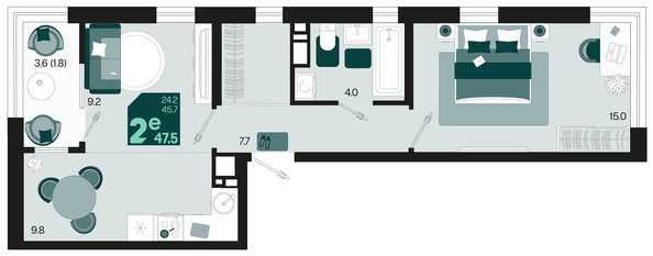 
   Продам 2-комнатную, 47.5 м², Первое место, квартал 1.4, литер 2

. Фото 1.