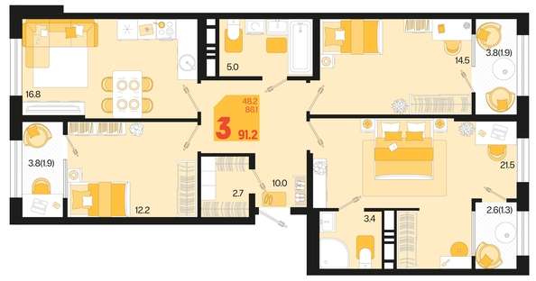 
   Продам 3-комнатную, 91.2 м², Первое место, квартал 1.4, литер 2

. Фото 1.