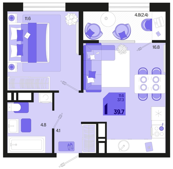 
   Продам 1-комнатную, 39.7 м², Первое место, квартал 1.4, литер 2

. Фото 1.