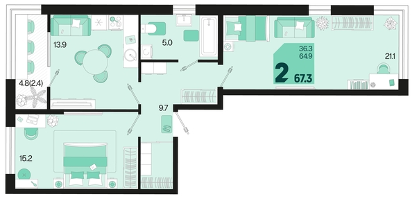 
   Продам 2-комнатную, 67.3 м², Первое место, квартал 1.4, литер 2

. Фото 1.