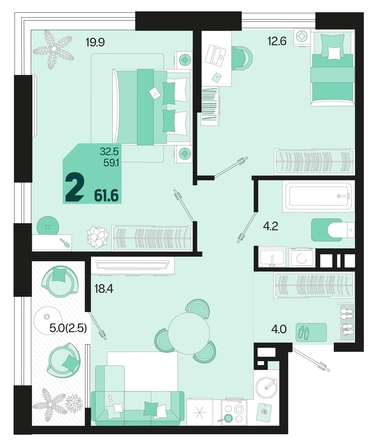 
   Продам 2-комнатную, 61.6 м², Первое место, квартал 1.5, литер 1

. Фото 1.