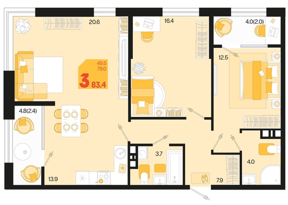 
   Продам 3-комнатную, 83.4 м², Первое место, квартал 1.5, литер 1

. Фото 1.