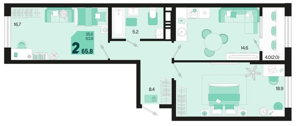 
   Продам 2-комнатную, 65.8 м², Первое место, квартал 1.5, литер 1

. Фото 1.