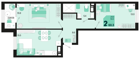 
   Продам 2-комнатную, 60.3 м², Первое место, квартал 1.5, литер 1

. Фото 1.