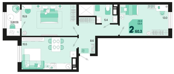 
   Продам 2-комнатную, 60.3 м², Первое место, квартал 1.5, литер 1

. Фото 1.