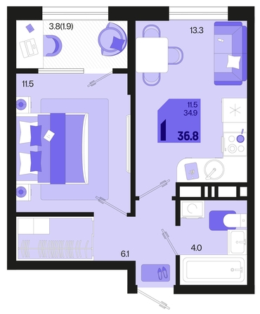 
   Продам 1-комнатную, 36.8 м², Первое место, квартал 1.2, литер 1

. Фото 1.