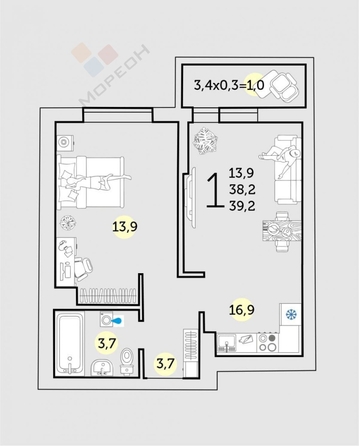 
   Продам 1-комнатную, 39.5 м², Автолюбителей ул, 1/7к3

. Фото 12.