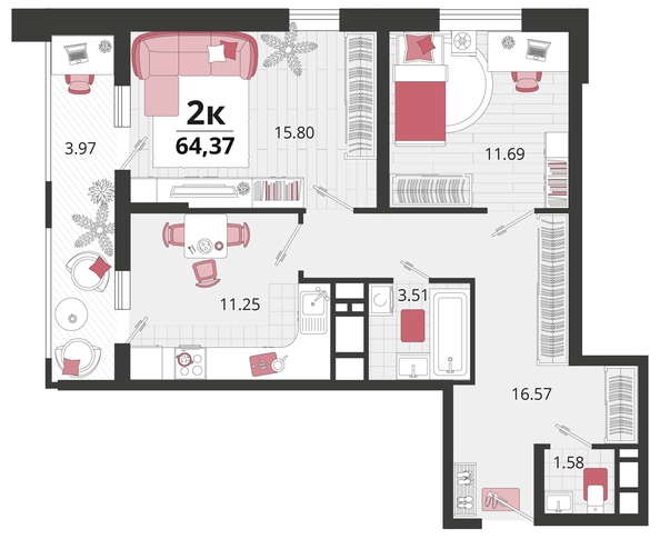 
   Продам 2-комнатную, 64.37 м², Родные просторы, литера 24

. Фото 4.