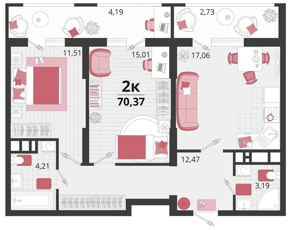 
   Продам 2-комнатную, 70.37 м², Родные просторы, литера 14

. Фото 4.