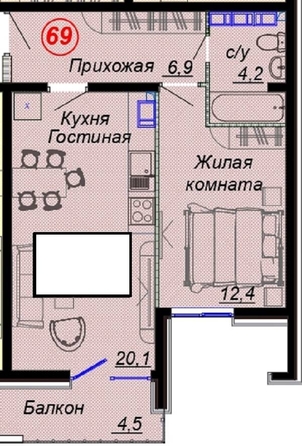 
   Продам 2-комнатную, 46.7 м², Российская ул, уч12

. Фото 2.