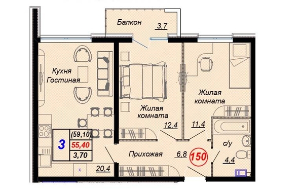 
   Продам 3-комнатную, 59.1 м², Российская ул, уч12

. Фото 3.