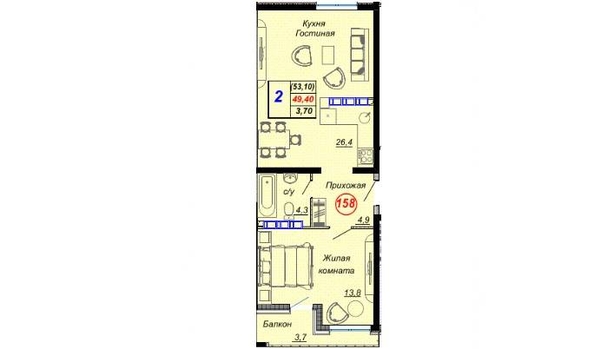 
   Продам 2-комнатную, 53.1 м², Российская ул, уч12

. Фото 2.