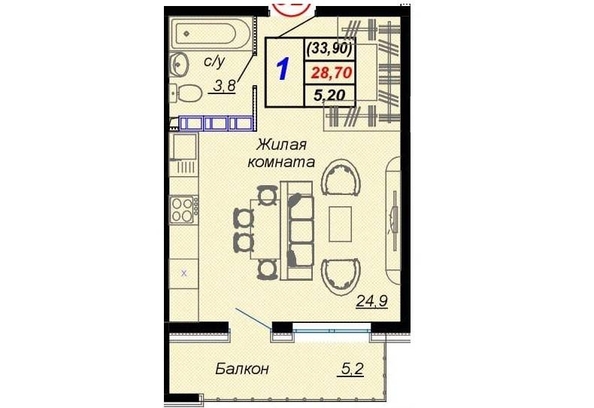 
   Продам 1-комнатную, 33.9 м², Российская ул, уч12

. Фото 2.