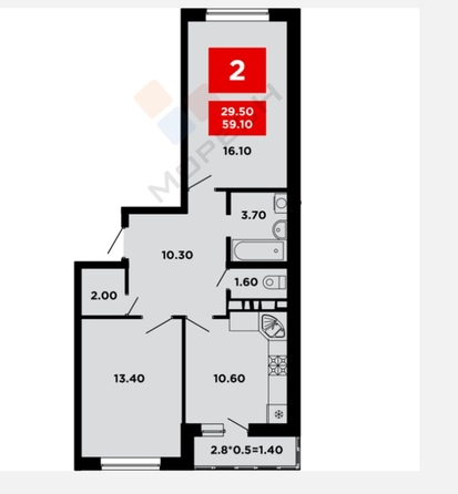 
   Продам 2-комнатную, 58.2 м², Мурата Ахеджака ул, 12к4

. Фото 11.