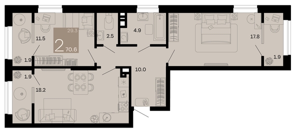 
   Продам 2-комнатную, 70.6 м², Хозяин морей, литер 1

. Фото 11.