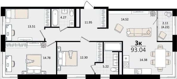 
   Продам 3-комнатную, 93.04 м², Патрики, литер 2

. Фото 4.