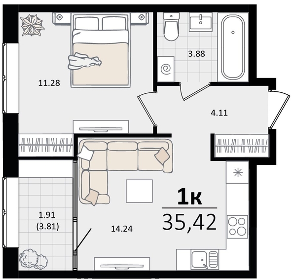 
   Продам 1-комнатную, 35.42 м², Патрики, литер 2

. Фото 7.