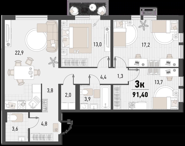 
   Продам 3-комнатную, 91.4 м², Барса, 2В литер

. Фото 12.