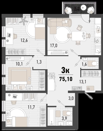 
   Продам 3-комнатную, 75.1 м², Барса, 2В литер

. Фото 12.