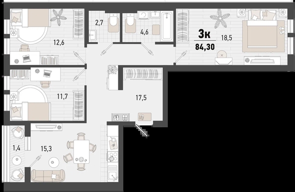 
   Продам 3-комнатную, 84.3 м², Барса, 4В литер

. Фото 6.